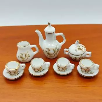 11шт/комплект 1:12 миниатюрных кукольных керамических чайников с коричневой розой, чайный сервиз, винный сервиз, столовая посуда, мини-чашка для чая, бокал для вина, модель, декоративная игрушка
