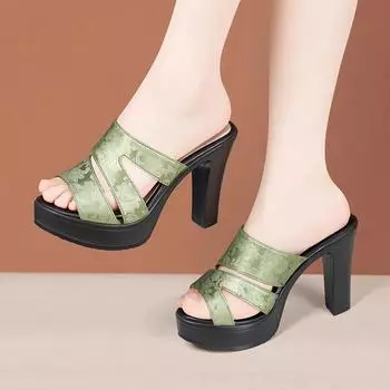 11см Маленький размер 32-43 Элегантные туфли на блочном высоком каблуке с цветочным принтом, платформа, шлепанцы 2025 лето, женские тапочки, офисная модель 32