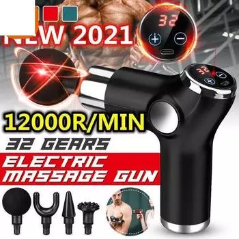 12000 об/мин Массажный пистолет для глубокой мышечной терапии 32 передачи Ударная вибрация Пистолет для фасции Ультра-тихий мотор Сенсорный ЖК-экран 4 массажные головки красный