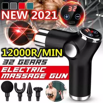 12000 об/мин Массажный пистолет для глубокой мышечной терапии 32 передачи Ударная вибрация Пистолет для фасции Ультра-тихий мотор Сенсорный ЖК-экран 4 массажные головки серый