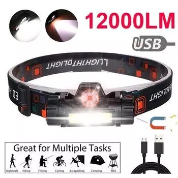 12000LM Водонепроницаемый мощный светодиодный налобный фонарь XPE + COB USB аккумуляторная фара налобный фонарь чёрный