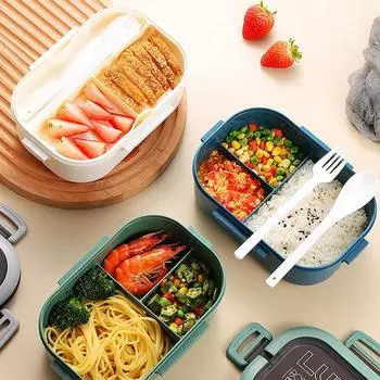 1200 мл 2-слойный ланч-бокс Bento с ложкой и вилкой, детские контейнеры для еды в микроволновой печи большой емкости, портативные герметичные для офиса и кемпинга