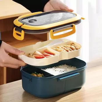 1200ml Lunch Box Double Layer Insulation Lunch Box Container with Fork Spoon for Students Office Workers Layered Lunch Box