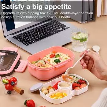 Ланч-бокс на 1200 мл с двухслойными отделениями, ложка, вилка, герметичная герметичная коробка для бенто, блюдо для макания, большой вместительный контейнер для пикника для здорового питания фиолетовый