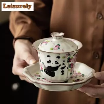 120 мл антикварная фарфоровая гайвань в китайском стиле с изображением панды Санцай, чаша для заваривания чая, супница для женщин, коллекция чайной посуды для кафе