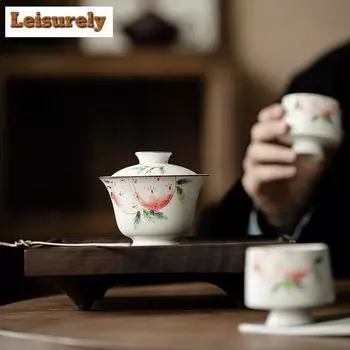 120 мл расписанная вручную персиковая гайвань с эффектом долголетия в стиле ретро с порошком Инь-чай, супница, крышка для заваривания чая, чаша, чайные сервизы, чайный сервиз в стиле рок, украшение