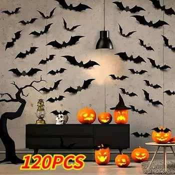 120 шт., украшения на Хэллоуин, 3D-наклейки на стену в виде летучей мыши, украшения для мебели, окон, двора, логотипа, уличного газона, декора для вечеринки с привидениями