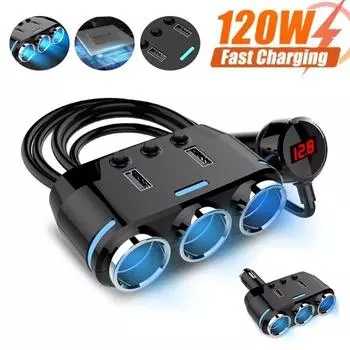 120 Вт 3 порта автомобильный разветвитель прикуривателя двойной USB автомобильное зарядное устройство для телефона с адаптером питания с удлинительным кабелем дисплей напряжения