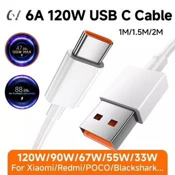 120 Вт 6A Type C сверхбыстрый кабель для зарядки, кабель для передачи данных для Redmi Note 14 13 Pro+ Mi 13T 12T 11T Pro POCO BlackShark 5, быстрая зарядка 1m