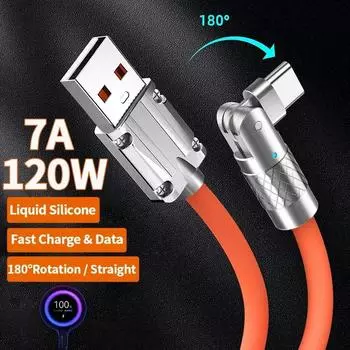 120 Вт 7A Тип C Кабель для быстрой зарядки данных Угловой кабель для игры для Xiaomi POCO Huawei Samsung Зарядное устройство Жидкий силиконовый кабель USB C 1M