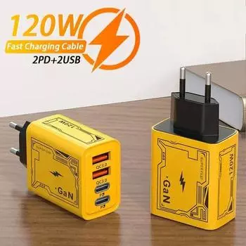 120 Вт быстрое зарядное устройство TypeC кабель сверхбыстрая зарядка 4 порта USB C Pd высокоскоростной телефон зарядное устройство адаптер для Xiaomi Iphone Huawei US Plug жёлтый