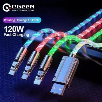 120 Вт кабель для быстрой зарядки USB-шнур светодиодный светильник USB C Streamer Light светодиодный шнур USB C типа C поворотный кабель светящийся для iPhone 11 12 13 14Xiaomi 1M For Micro белый