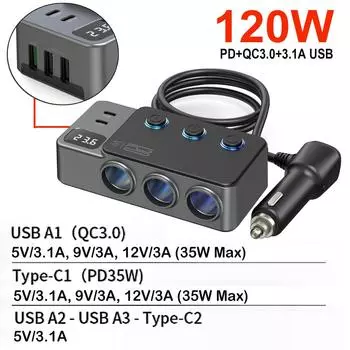 120 Вт PD35W+QC3.0 быстрозарядные устройства 5 USB-разъемов и 3x разветвителя прикуривателя со светодиодом/выключателями/ЖК-вольтметром розетка