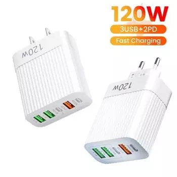 120 Вт USB быстрое зарядное устройство 5 портов PD Type C быстрая зарядка телефон зарядное устройство адаптер для iPhone 15 Pro Samsung Xiaomi Huawei USB C настенное зарядное устройство EU Plug белый