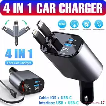 120 Вт выдвижное автомобильное зарядное устройство 4 в 1 USB C быстрая зарядка автомобильный разъем зарядное устройство адаптер для iPhone Xiaomi Huawei Samsung