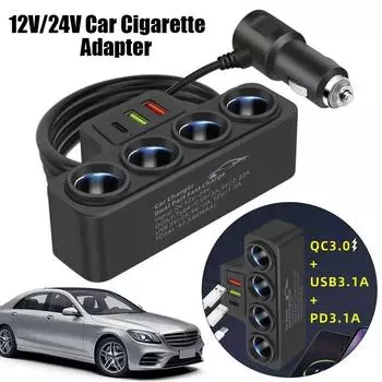 120W 12V/24V Car Cigarette Lighter Adapter New 4-Socket 3.1A Charger Charger USB Car USB+QC3.0+PD3.1A чёрный