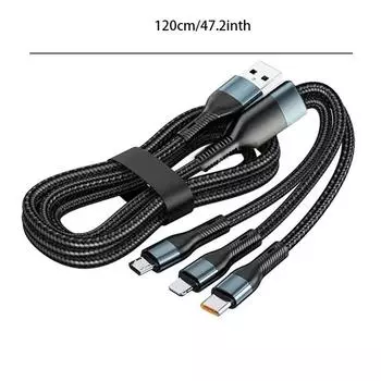 120W 5A 3 In 1 USB Fast Charging Cable Type C Micro USB Cable Data Cord For Iphone 16 15 Realme Samsung Huawei P50 Phone USB Charging Cable AVE 1.2m чёрный
