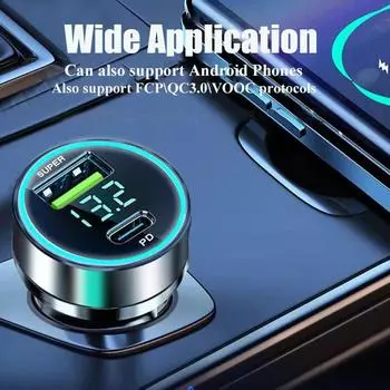 120W+PD20W Car Charger Super Fast Charge Adapter 120W Portable Quick Car Charger 12-24V Dual USB Type C For IPhone 14 Pro Max 13 чёрный