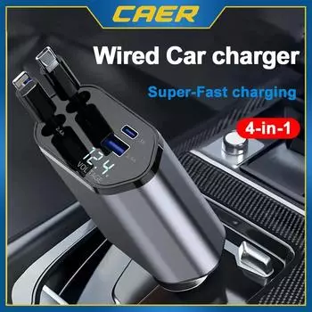 120W Wired Retractable Car Charger 4 in 1 Type-C Lightning Super Fast Charging Adapter for IPhone Huawei Xiaomi PD USB Cable