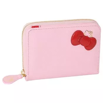 12161 Genuine Leather Short Wallet Bifold Round Zipper [Hello Kitty] Women s (Pink)