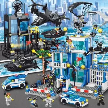 1256 шт., синие строительные блоки полицейского участка, игрушки для мальчиков, развивающие игрушки для детей 6+ лет, подарки для детей Blue police station-1256P