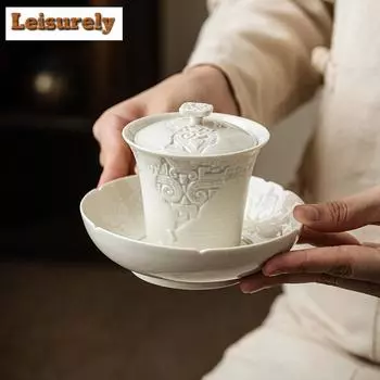 125 мл ретро-растение трава ясень гайвань рельеф таоте узор подкова чай супница крышка для заваривания чая чаша поднос для чая предметы чайной посуды
