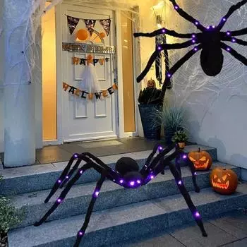 125cm Luminous Halloween Spider Scary Giant Spider LED Spider Web Halloween Decorations Props Haunted Indoor Outdoor Decoration 75cm
