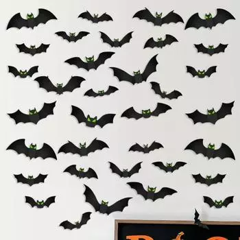 128 шт., украшения для Хэллоуина в виде летучих мышей, пластиковые светящиеся в темноте 3D-наклейки на стену в виде летучих мышей, товары для праздников, вечеринок, декора двора, крыльца, газона A