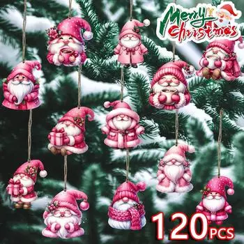12-120 шт. рождественских деревянных украшений розового и синего цветов, подвески в виде Санта-Клауса для украшения рождественской елки, новогодних подарков, упаковки 12PCS-1SET