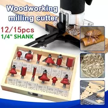 12/15 шт. 1/4 хвостовик фрезы набор плотницких фрезерных резцов для обрезки дерева шлицевая резьба твердосплавные деревообрабатывающие инструменты DIY 12pcs