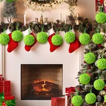 12/16 шт. Рождественские подвесные украшения 6 см зеленые пушистые шарики бант декор легкий многоразовый елочный кулон праздничный декор подарки 12pcs зелёный