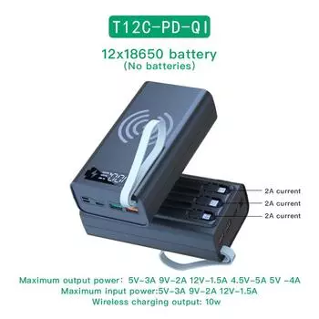 T12C*18650 DIY Power Bank Base с кабелем Micro USB Type C, фонариком, чехлом для быстрого Power Bank 18650, держателем для аккумулятора, зарядным устройством Normal version белый