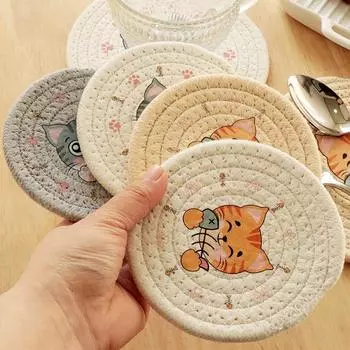 12/18cm Japanese-Style Round Braided Insulation Table Mats Coasters Cute Cartoon Kitten Coaster Bowl Mat Cotton Rope Placemat as show