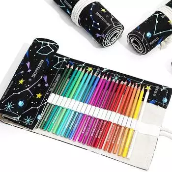 12/24/36/48/72 отверстияТолстый холст ручка занавес звездное небо печать рулон ручка сумка для эскизов принадлежности канцелярские принадлежности сумка для хранения 12 Holes чёрный