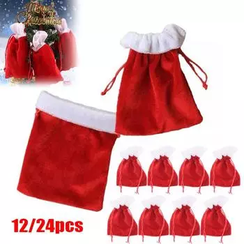 12/24 шт. Красные и белые бархатные рождественские сумки на шнурке, сумки-мешки, сумки Санты 12Pcs