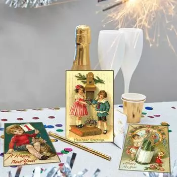 12/24 шт. Поздравительные открытки с Новым годом, ретро-иллюстрации, праздничные открытки с акцентами из золотой фольги для семьи и друзей 2 Sets
