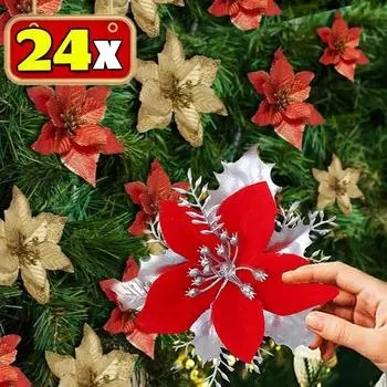 12/24 шт. Рождественские цветы из золотого порошка своими руками, искусственная подвесная подвеска для рождественской вечеринки, украшения для дома на Новый год 12PCS