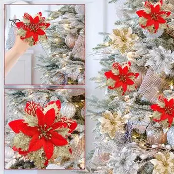 12/24 шт., рождественские искусственные цветы, блестящие листья, красные, золотые, серебряные, многослойные, рождественская елка, венок, украшение, искусственный цветок, реквизит для фотосессии для вечеринки 12pcs красный