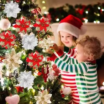 12/24 шт., рождественские искусственные цветы, блестящие листья, красные, золотые, серебряные, многослойные, рождественская елка, венок, украшение, искусственный цветок, реквизит для фотосессии для вечеринки 12pcs красный