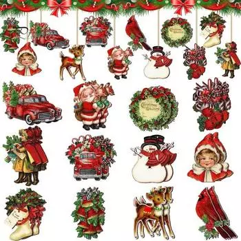 12/24 шт. Рождественские украшения, деревянные елочные подвесные украшения, праздничный чулок, автомобиль, Санта-олень, подвеска для домашних вечеринок 24PCS