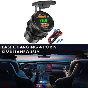 12/24 В 4 порта USB розетка алюминиевая автомобильное зарядное устройство 78 Вт двойной PD и QC USB порт розетка с вольтметром водонепроницаемая для морской лодки автофургона