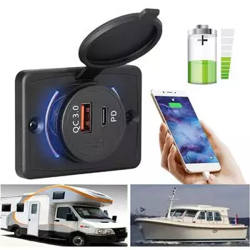 12-24 В PD QC3.0 зарядный адаптер с двумя портами автомобильное зарядное устройство гнездо 18 Вт плоская поверхность панель монтажа гнездо для автомобиля автобуса грузовика лодки квадроцикла автофургона чёрный