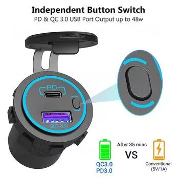 12-24 В USB-розетка Панель розеток QC3.0 и PD 3.0 USB-розетка для быстрой зарядки с кнопочным переключателем для автомобиля, мотоцикла, лодки, морского автофургона