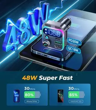 12-24V Car Bluetooth 5.3 FM Transmitter 48W PD&QC 3.0 Fast Charging Car Charger Dual Microphone MP3 Player Adapter