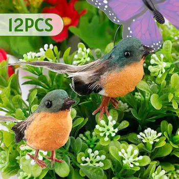 12 Artificial Birds for Decoration, Realistic Bird Models Floral Arrangements And Patio Green Orange