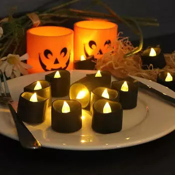 12 Black Flameless Tea Lights, LED Flickering Votive Candles, Lamp for Home Yellow Flash