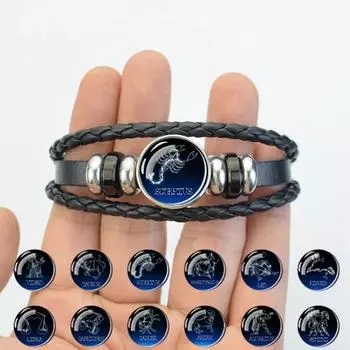 12 Браслет Созвездие Кабошон Кожаный Плетеный Черный Знак Зодиака Браслет-подвеска для Женщин и Мужчин Ювелирные Изделия Мода