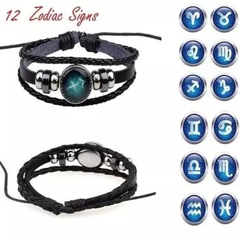 12 Браслет Созвездие Snap Мужской Очаровательный Кожаный Браслет Мужские Плетеные Браслеты Гороскоп 11