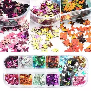 12 Colorful Grids Butterfly Nail Art Glitter Sequins Set Ultrathin Tip Twinkle DIY Beauty Kit Nails Accessories for Girls 1
