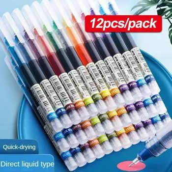 12 цветов, прямая жидкая гелевая ручка, быстросохнущие цветные гелевые ручки большой емкости, 0,5 мм, ручки-роллеры, школьные и офисные канцелярские принадлежности 12pcs чёрный